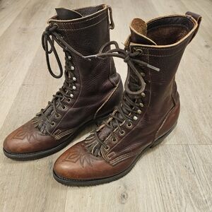 Double H, HH, Lace Up, Packer, Roper, Leather Boots Brown Brown Mens Size 7.5
